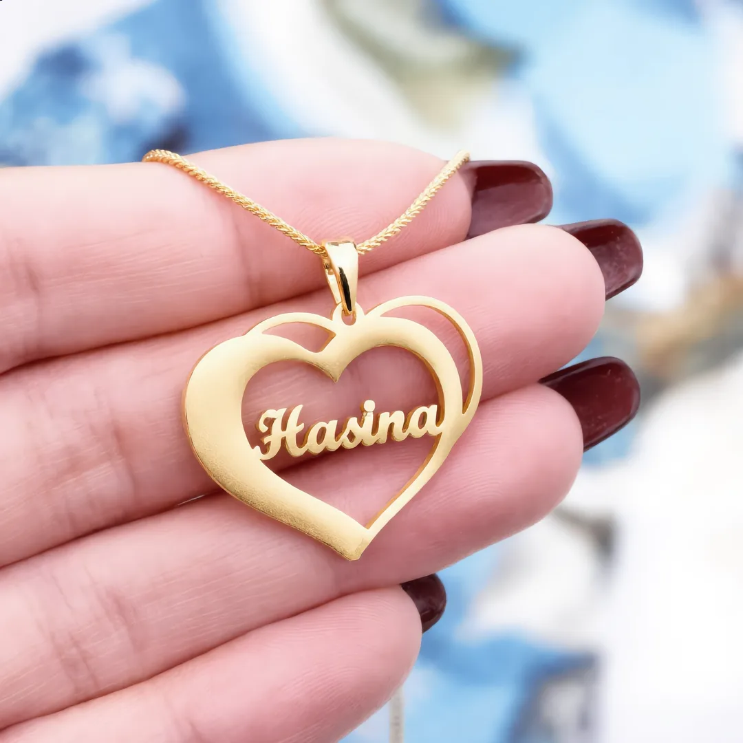 Bold Heart Name Necklace – Hasina hand shot Bold Heart Name Necklace – Hasina hand product image