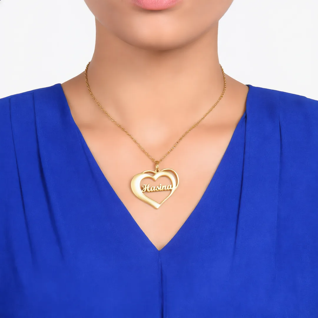 Bold Heart Name Necklace – Hasina neck shot Bold Heart Name Necklace – Hasina neck product image
