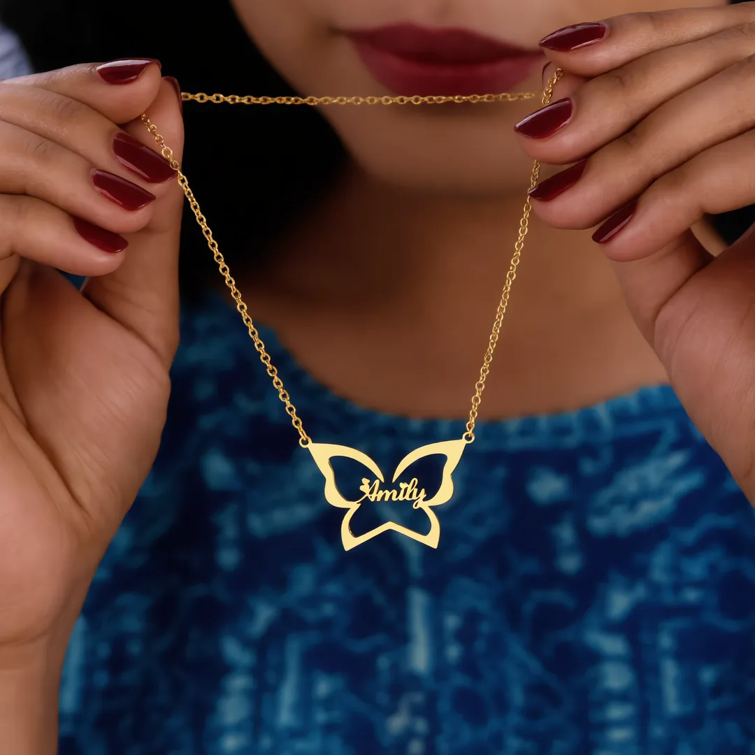 Butterfly Custom Name Necklace – Emily hand shot Butterfly Custom Name Necklace – Emily hand product image