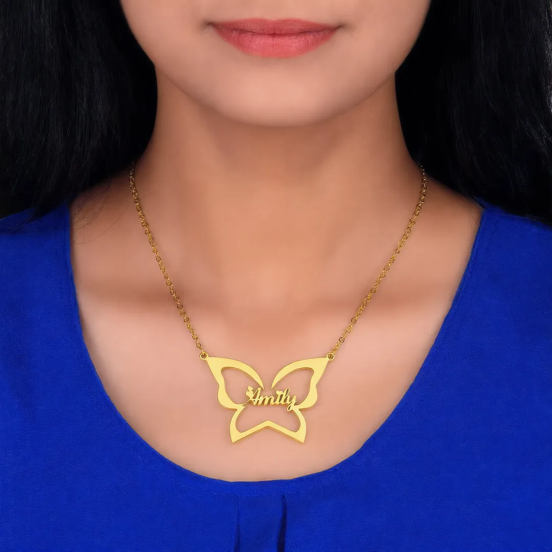 Butterfly Custom Name Necklace – Emily neck shot Butterfly Custom Name Necklace – Emily neck product image