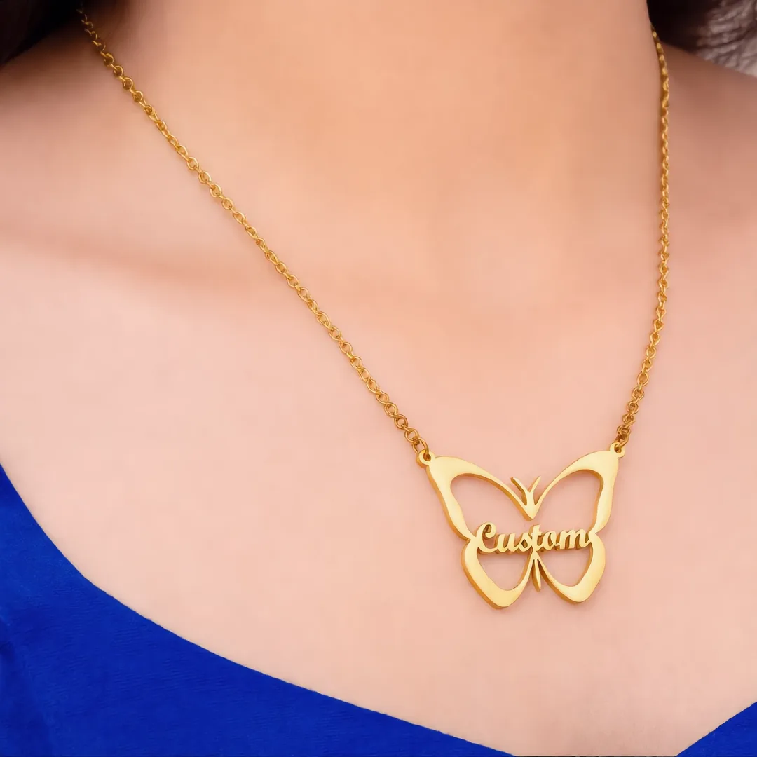 Butterfly Name Necklace – Custom neck shot Butterfly Name Necklace – Custom neck product image