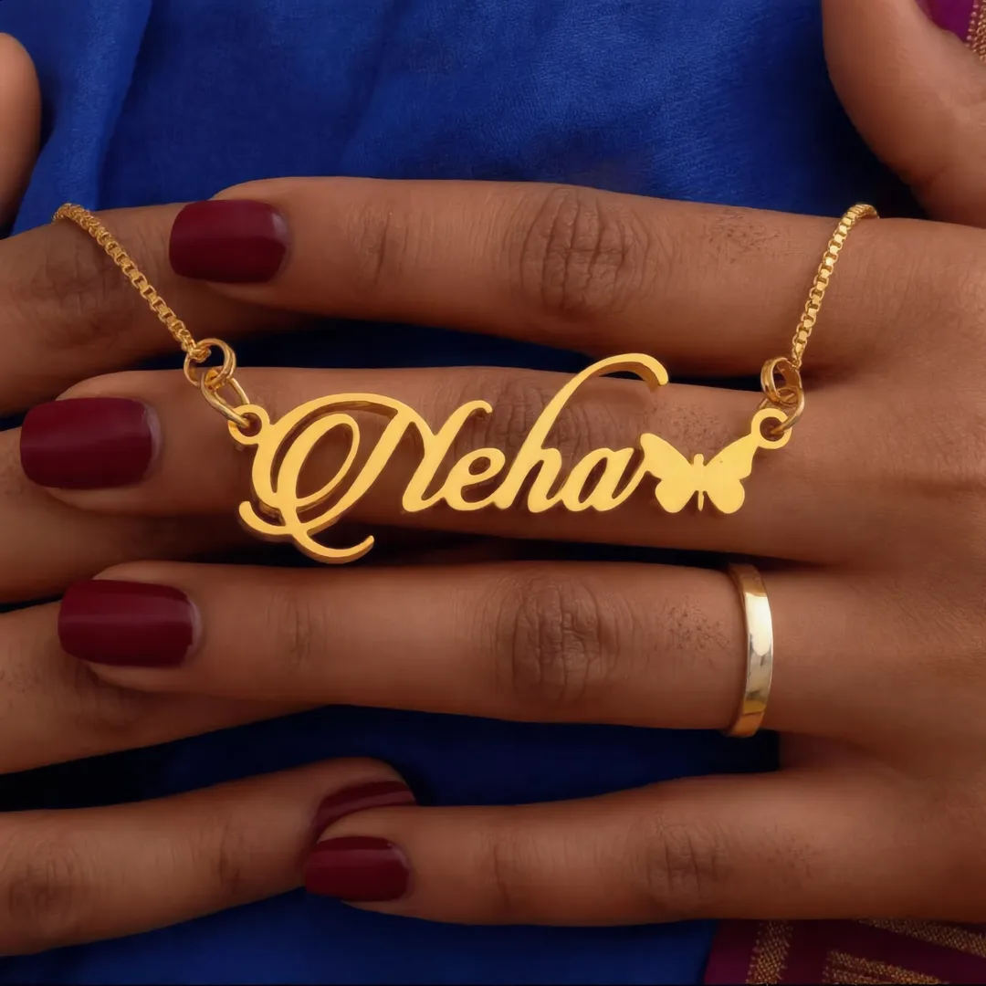 Butterfly Style Name Necklace Neha – female hand lifestyle