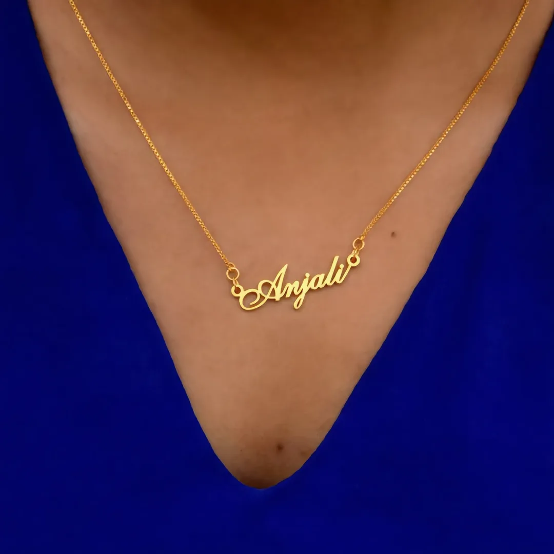 Classic Name Necklace – Anjali neck shot Classic Name Necklace – Anjali neck product image