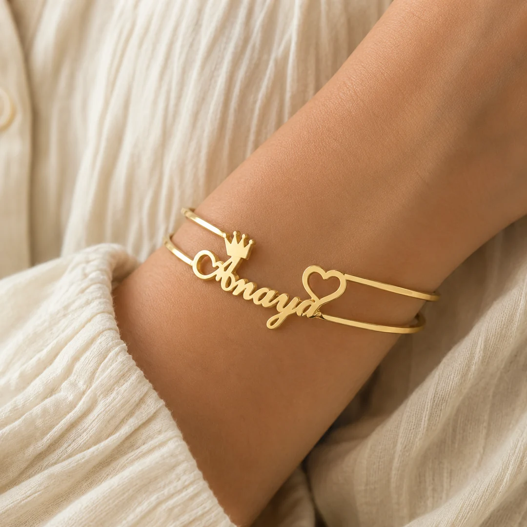 Crown & Heart Single Name Kada on female wrist – personalized jewellery