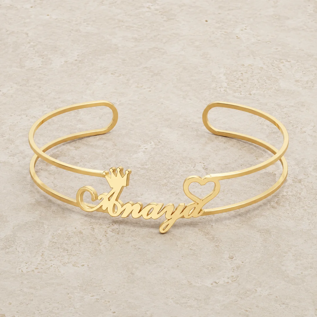 Crown & Heart Single Name Kada flat lay product view – personalized jewellery