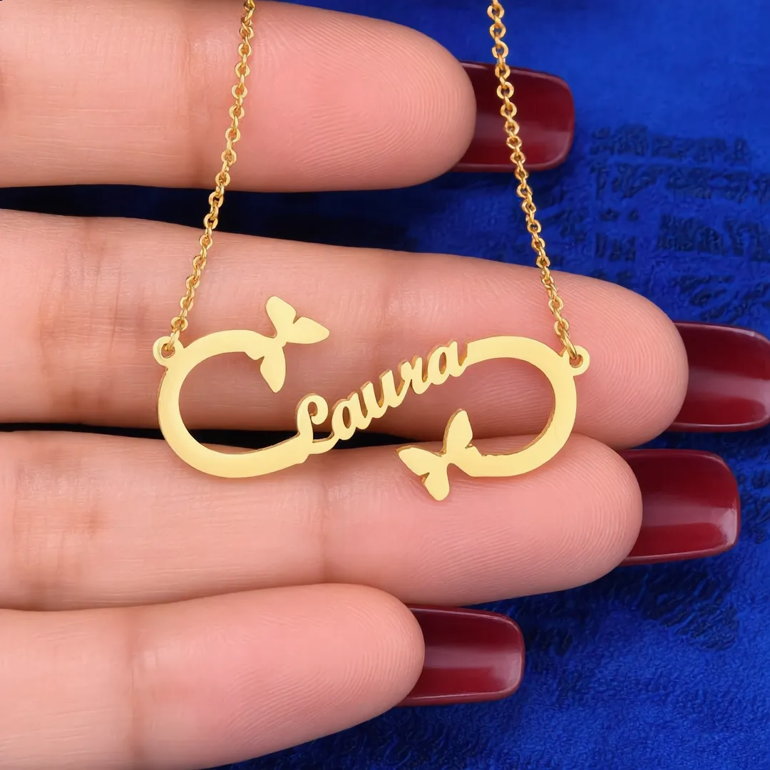 Infinity Butterfly Name Pendant – Laura hand shot Infinity Butterfly Name Pendant – Laura hand product image