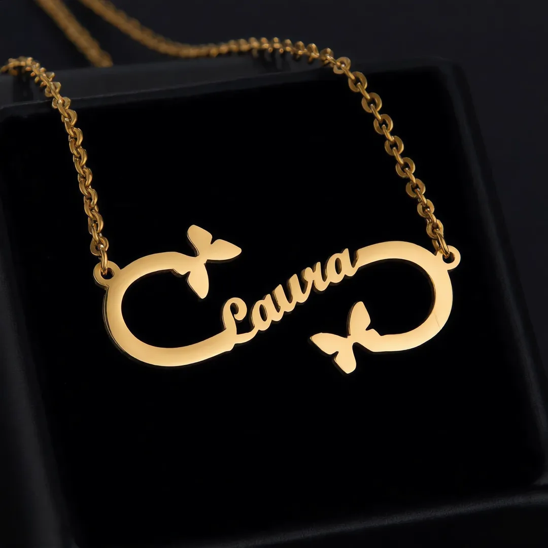 Infinity Butterfly Name Pendant – Laura hero shot Infinity Butterfly Name Pendant – Laura hero product image