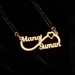 Infinity Double Name Mangalsutra with Manoj and Suman names on black velvet