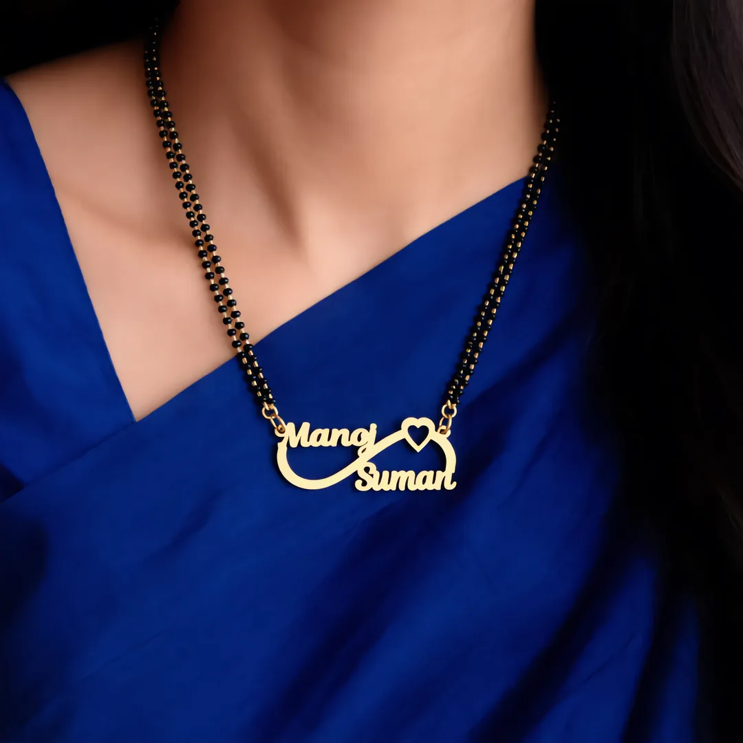Infinity Double Name Mangalsutra with two-layer chain worn on an Indian female neck