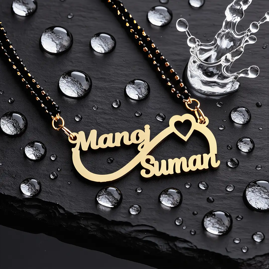 Waterproof Infinity Double Name Mangalsutra product visual with water droplets