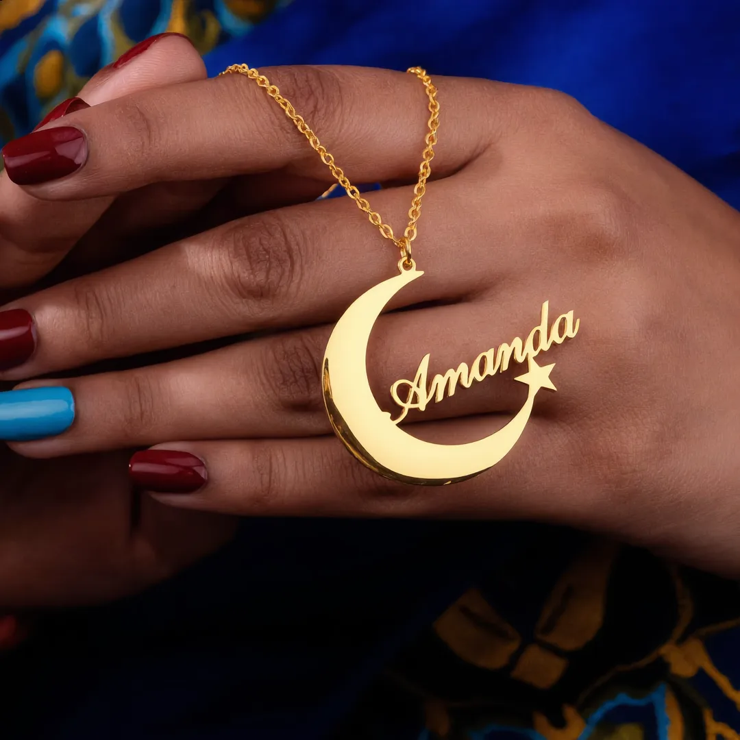 Moon and Star Name Pendant – Amanda hand product image
