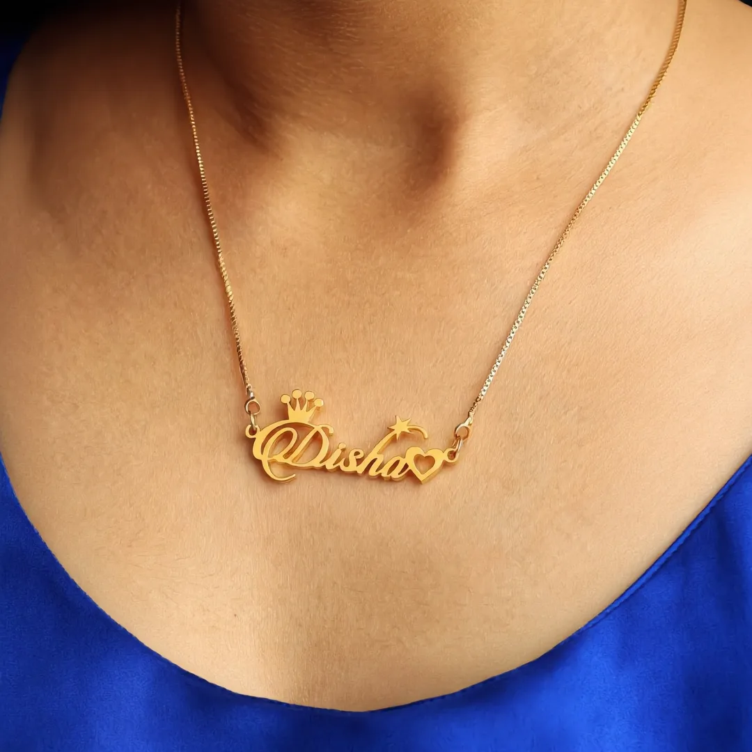 Special Style Name Necklace Disha worn on an Indian female neck