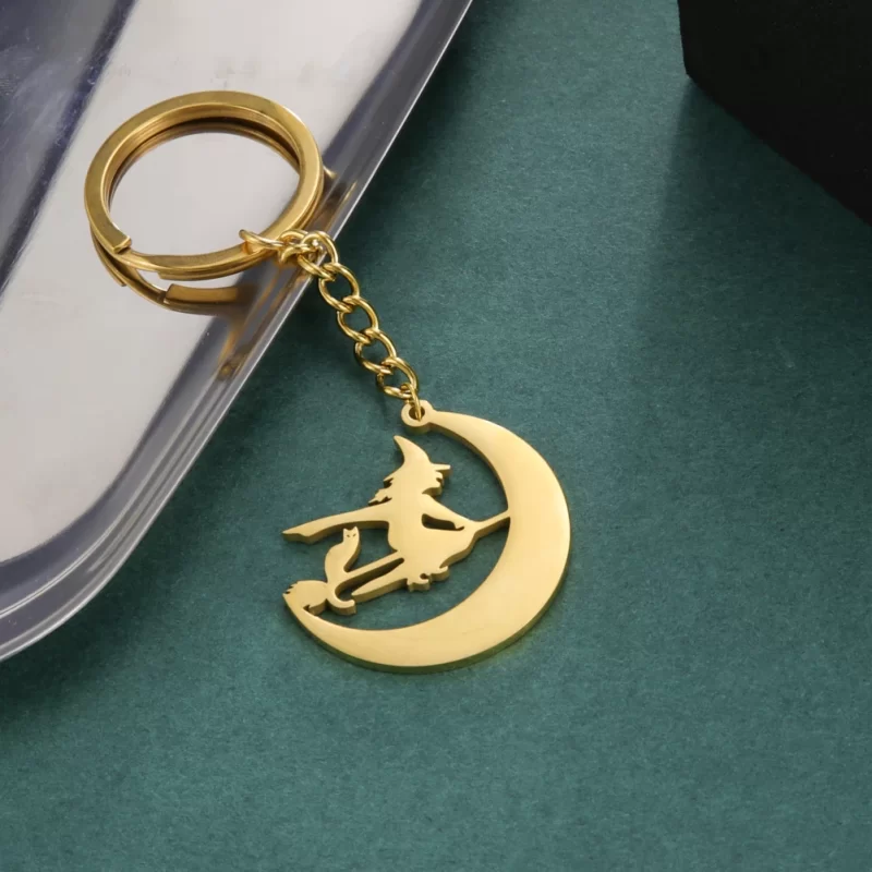 Witchcraft Broom Cat Moon Keychain, Witch Keychain keyring, Halloween Gift