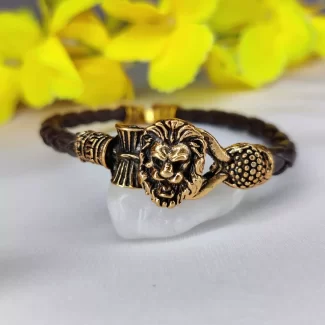 Rose Gold Plated Simba Rudraksh Trishul Leather Bracelet