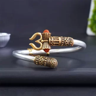 Trendy One Sided Trishul Damru OM Rudraksha Beads Gold Plated Kada