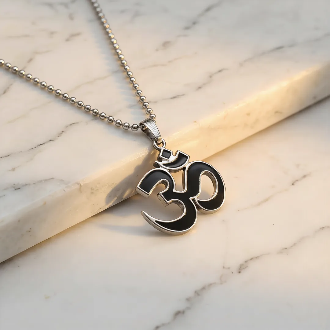 Black and Silver Om Pendant on ivory marble