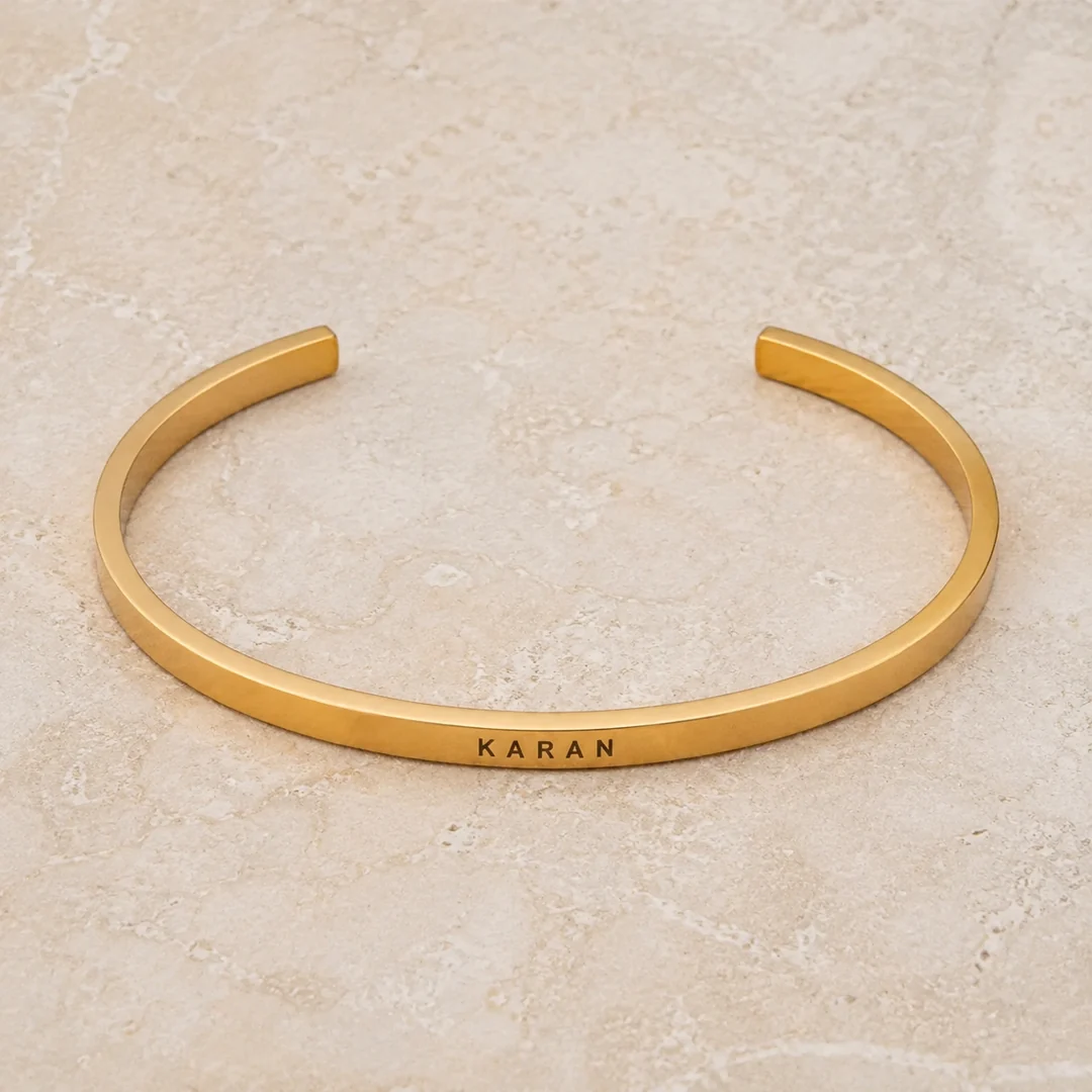 Gold Plated Personalized Engraved Name Kada flat lay product view – personalized jewellery