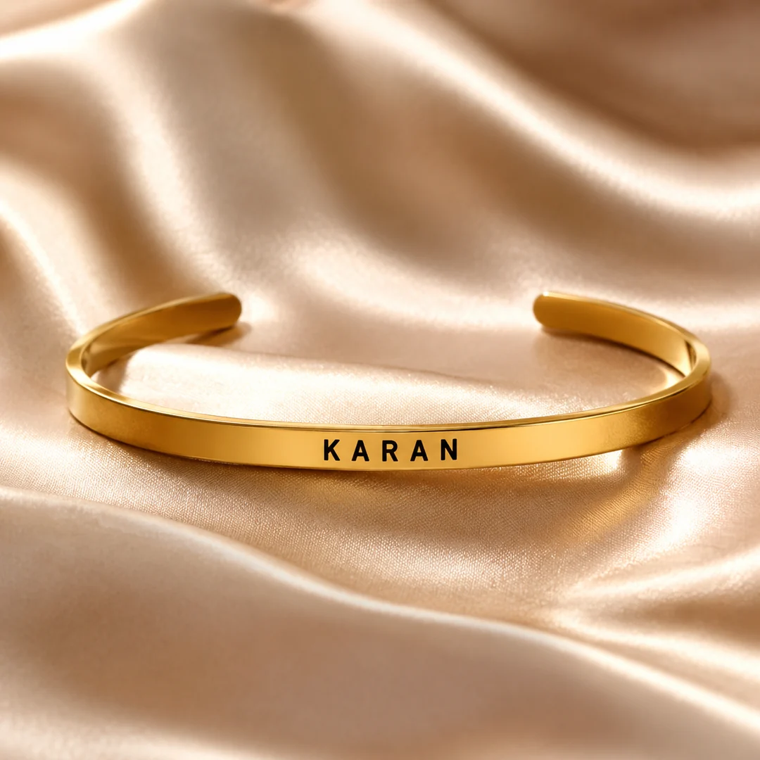Gold Plated Personalized Engraved Name Kada on luxury satin – personalized jewellery
