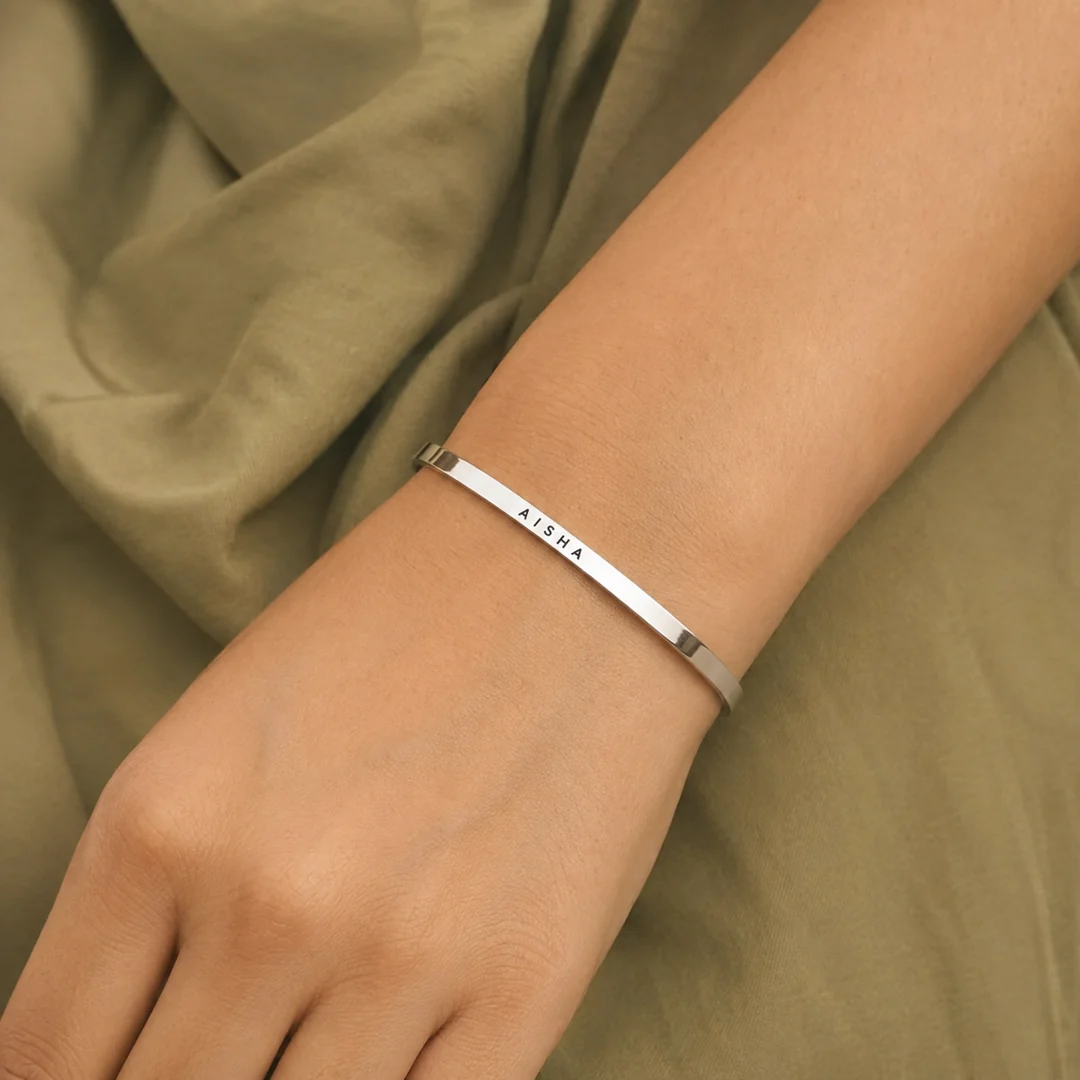 Silver Plated Personalized Engraved Name Kada on female wrist – personalized jewellery