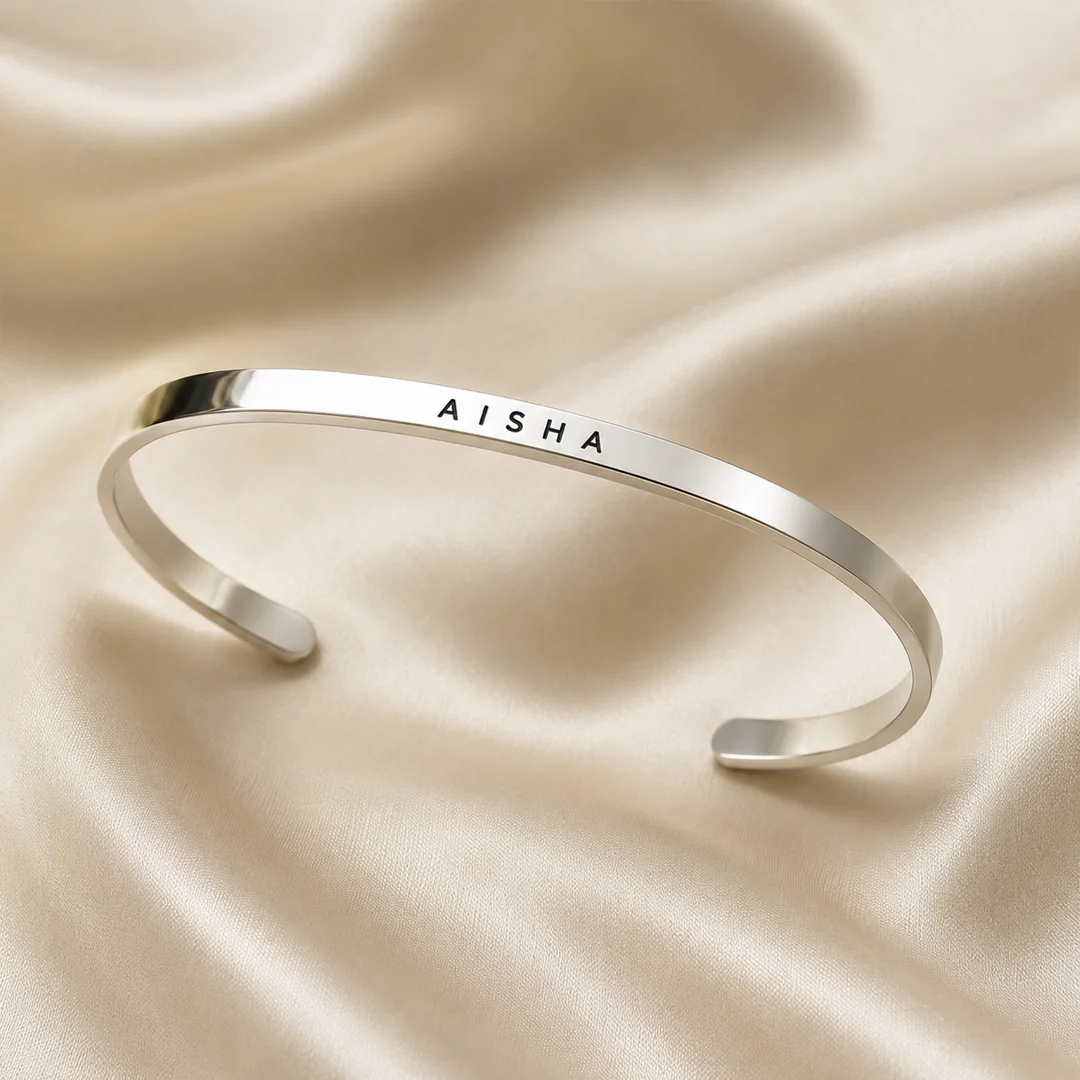 Silver Plated Personalized Engraved Name Kada on luxury satin – personalized jewellery
