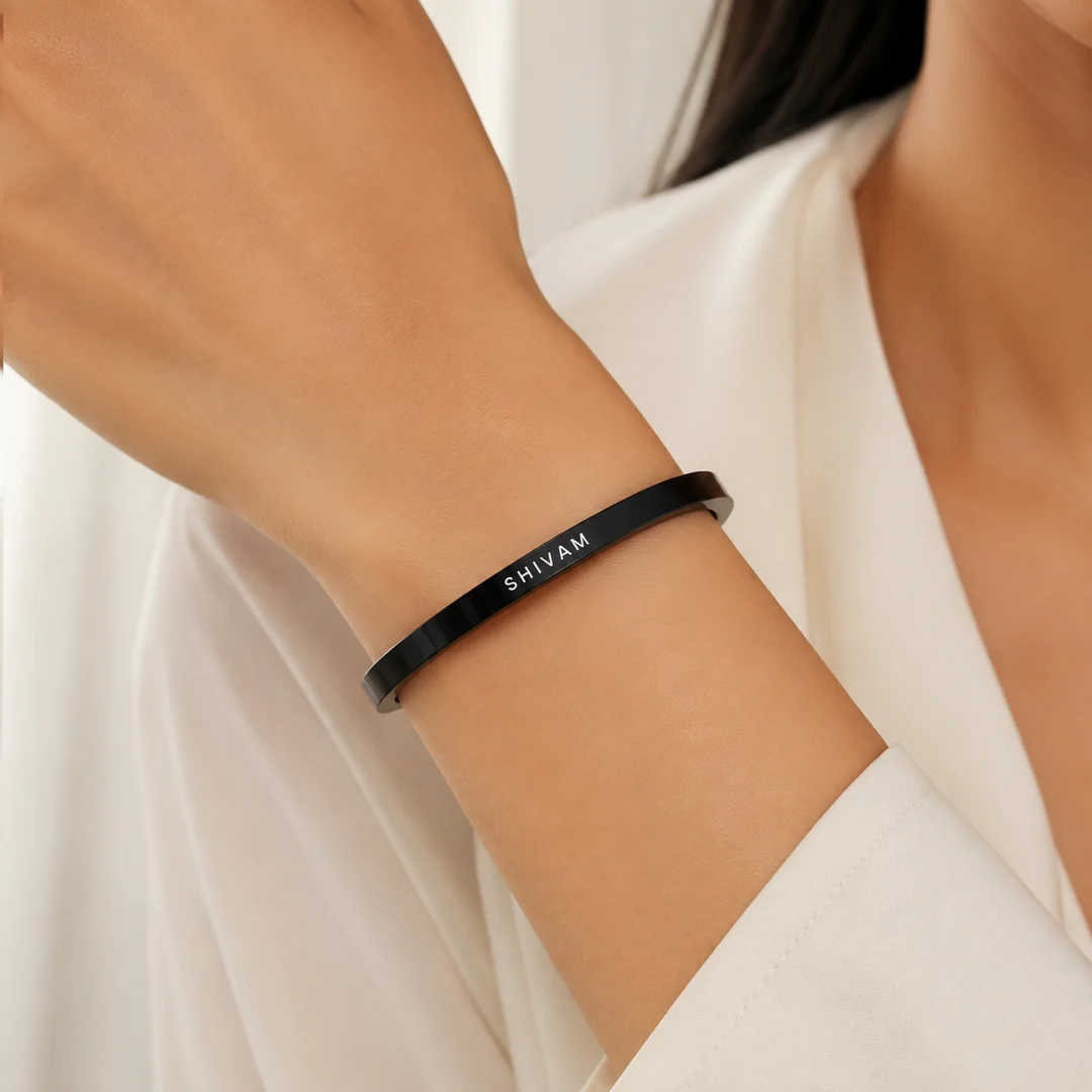 Black Personalized Engraved Name Kada on female wrist – personalized jewellery