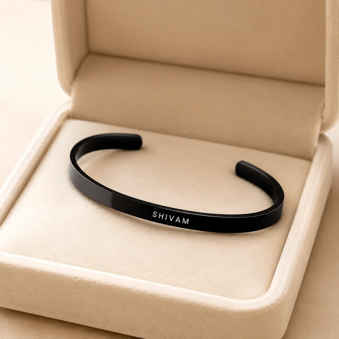 Black Personalized Engraved Name Kada in premium gift box – personalized jewellery