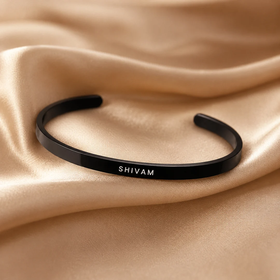 Black Personalized Engraved Name Kada on luxury satin – personalized jewellery