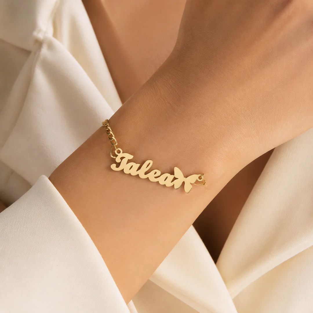 Butterfly Name Bracelet – Female Wrist Butterfly Name Bracelet on female wrist – personalized jewellery