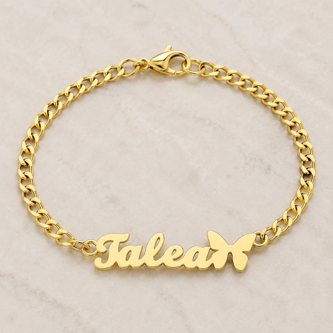 Butterfly Name Bracelet – Flat Lay Butterfly Name Bracelet flat lay product view – personalized jewellery