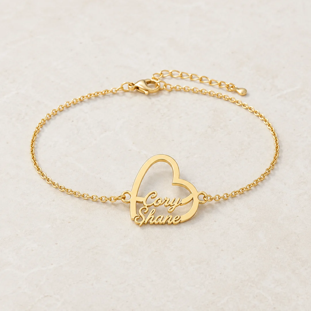 Couple Big Heart Name Bracelet flat lay product view – personalized jewellery