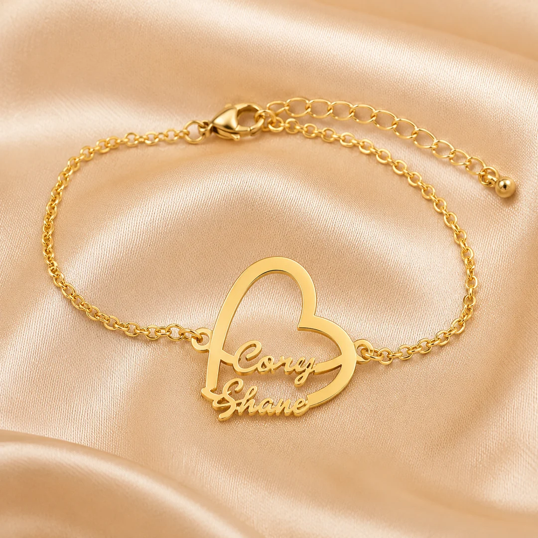 Couple Big Heart Name Bracelet on luxury satin – personalized jewellery