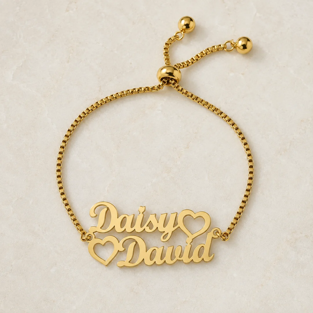Couple Heart Name Bracelet flat lay product view – personalized jewellery