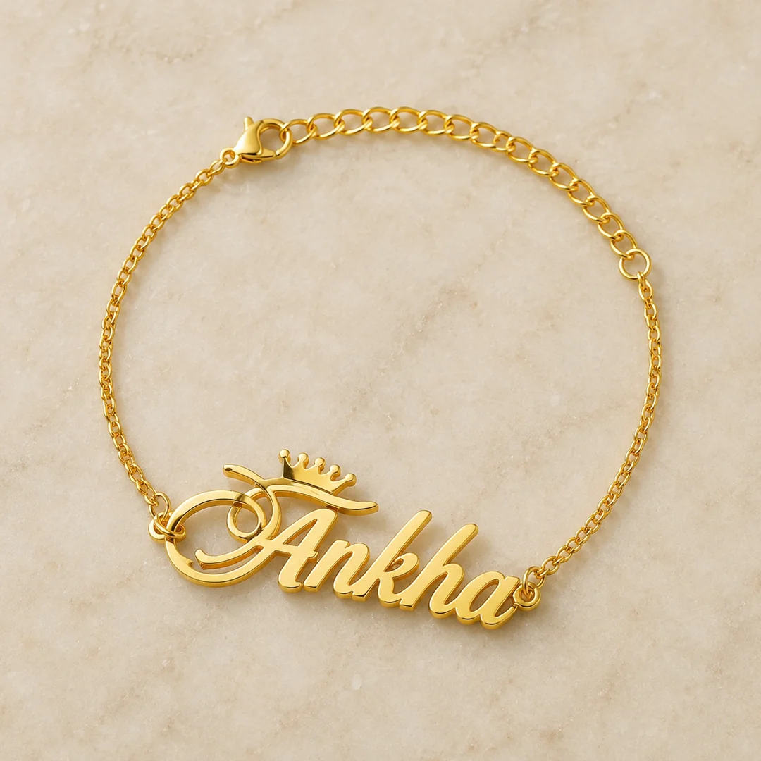 Crown Name Bracelet flat lay product view – personalized jewellery