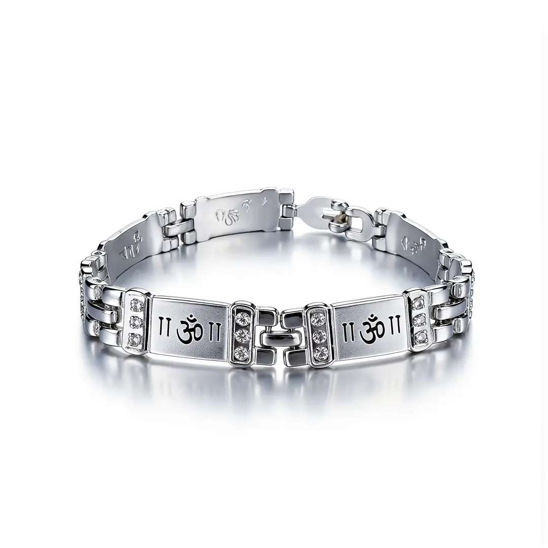 Crystal Om Silver Bracelet on clean white background