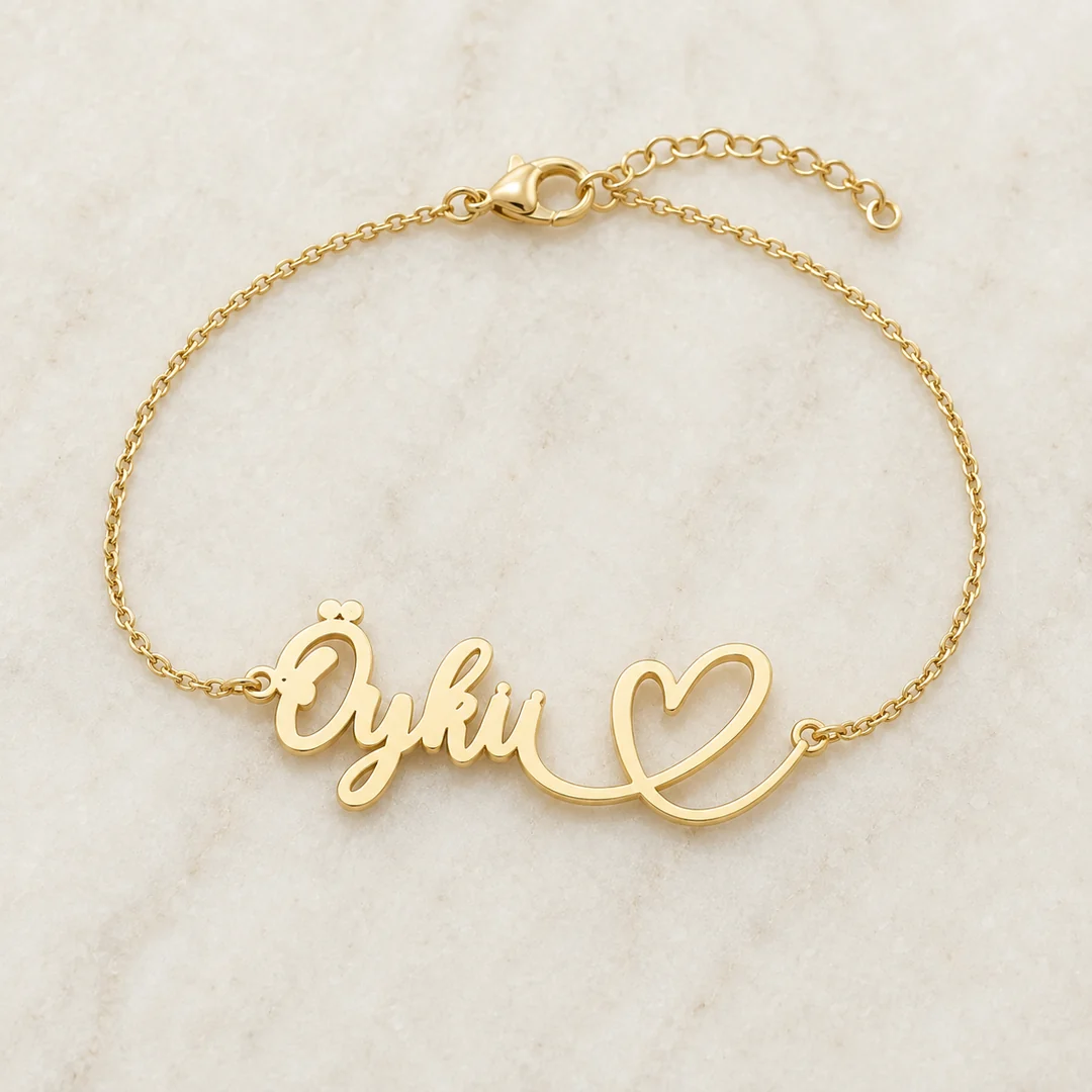 Designer Heart Name Bracelet flat lay product view – personalized jewellery