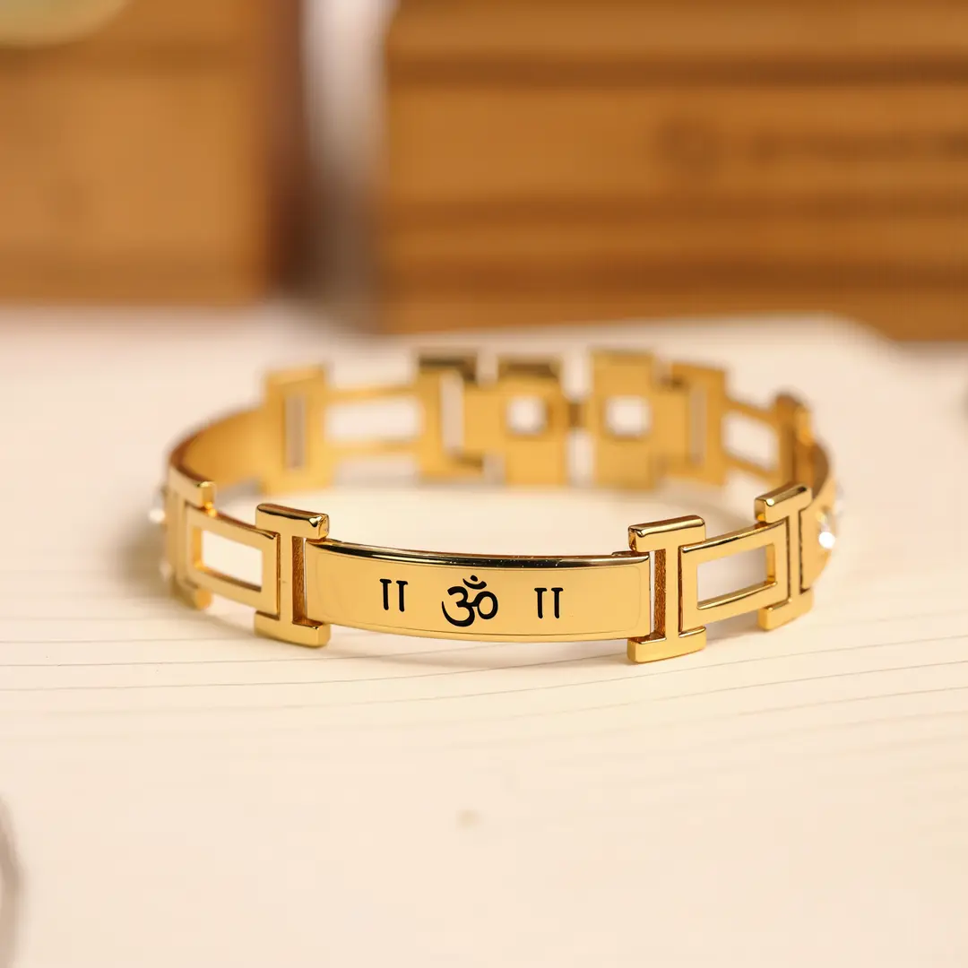 Gold Om Men Diamond Bracelet on clean white background