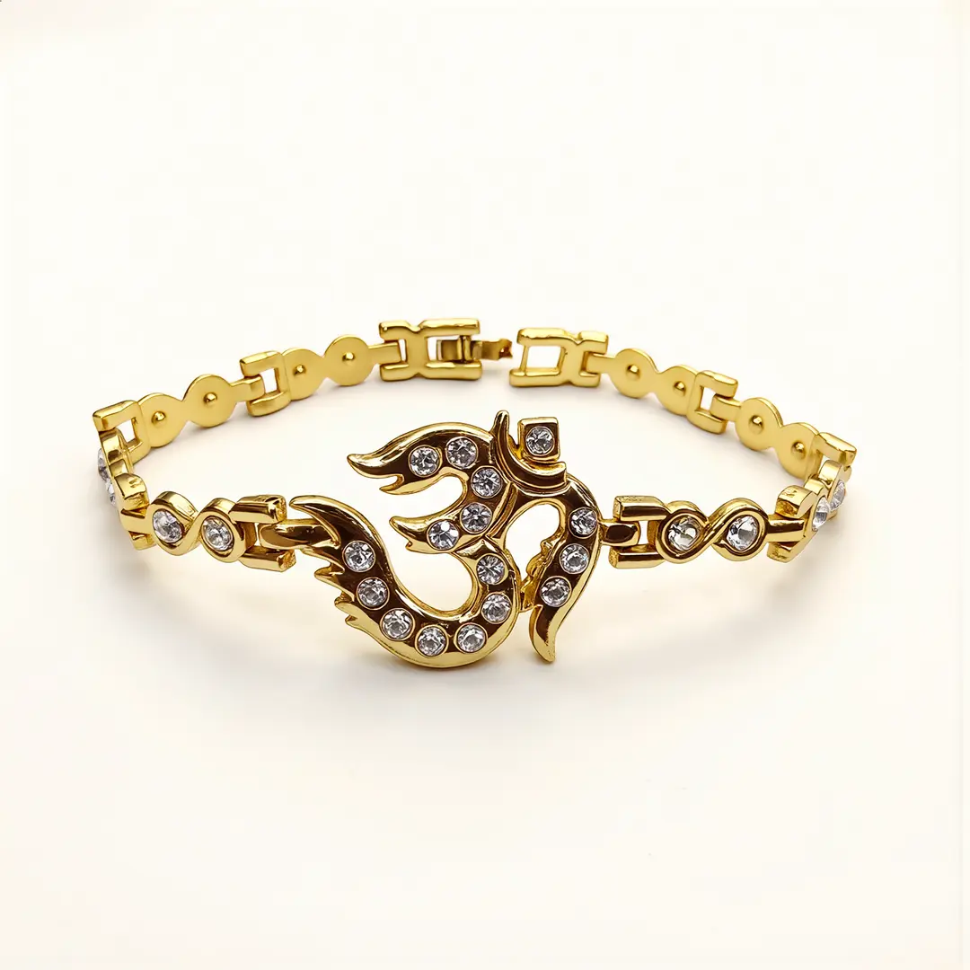 Gold Plated Om Diamond Bracelet worn on a men's wrist