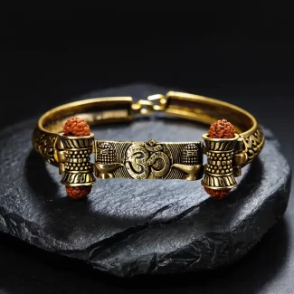 Gold Plated Shivlinga Om Trishul Rudraksha Bracelet premium hero view