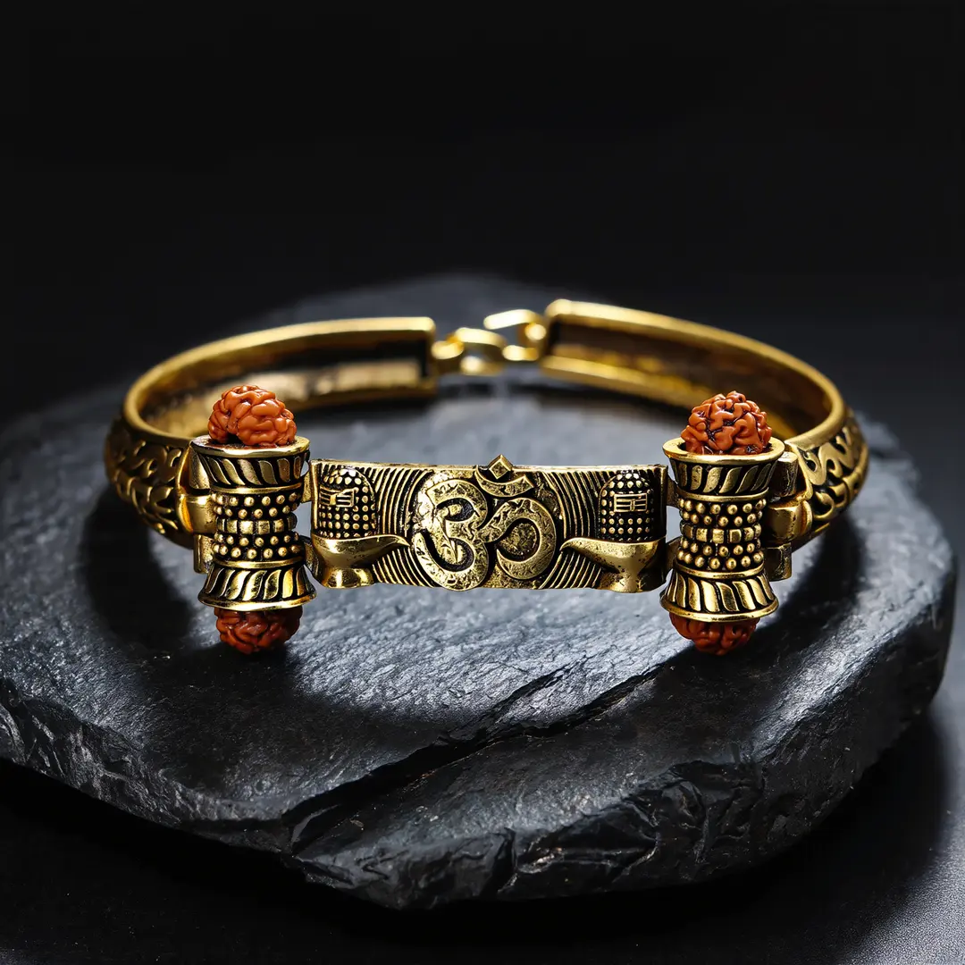Gold Plated Shivlinga Om Trishul Rudraksha Bracelet premium hero view