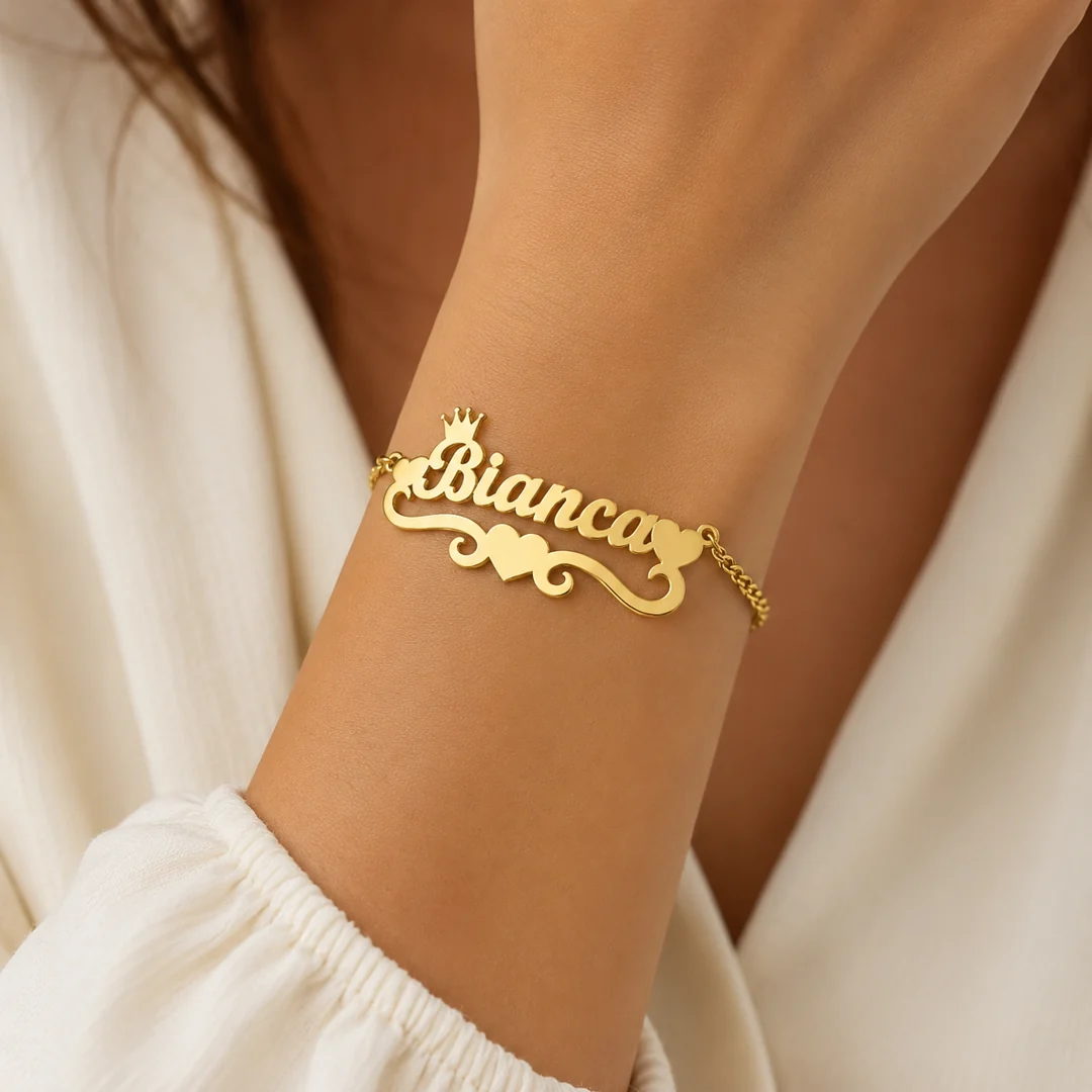 Heart & Crown Design Name Bracelet on female wrist – personalized jewellery