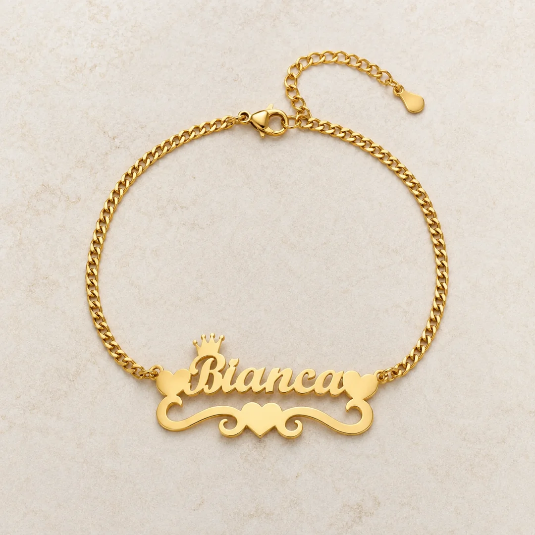 Heart & Crown Design Name Bracelet flat lay product view – personalized jewellery