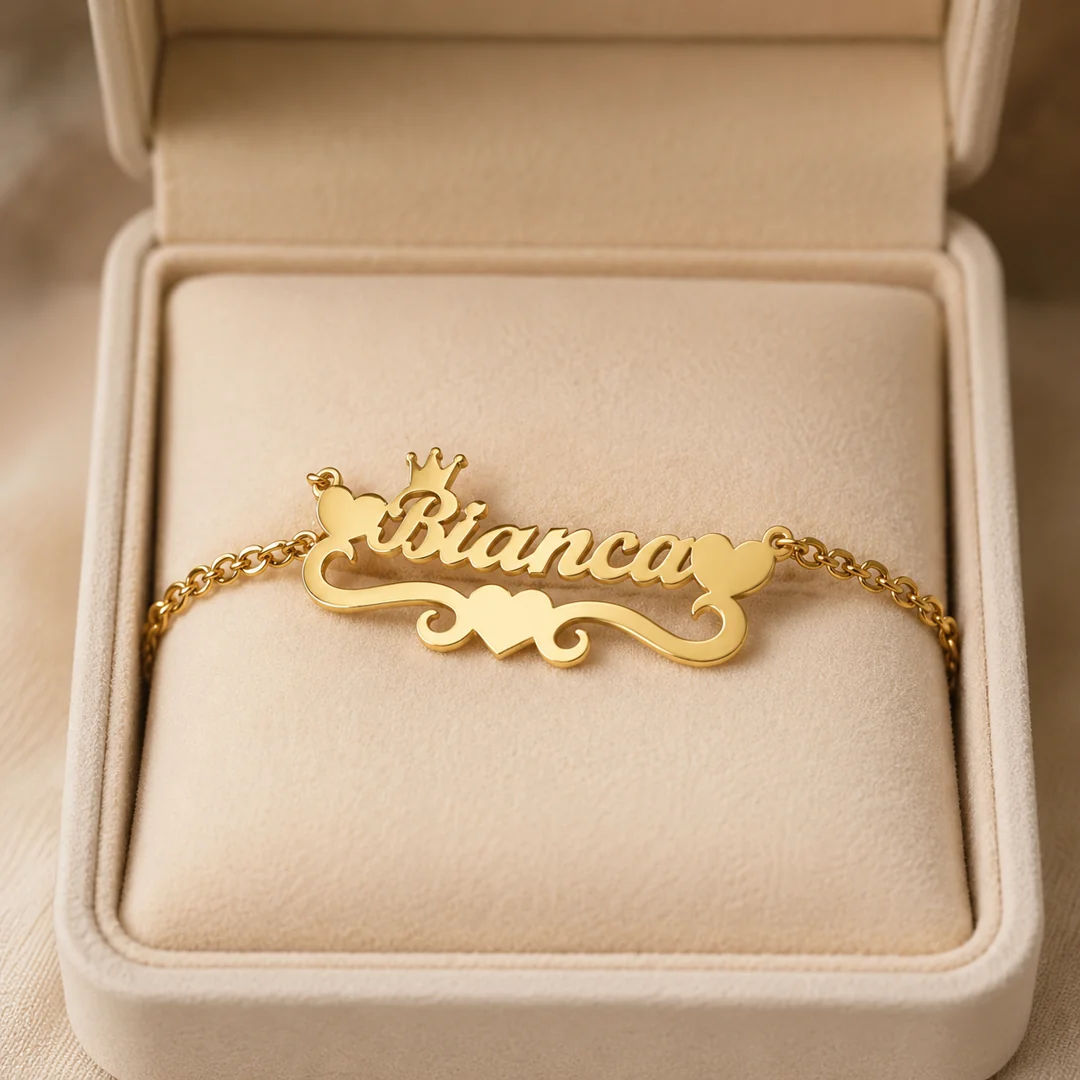 Heart & Crown Design Name Bracelet in premium gift box – personalized jewellery