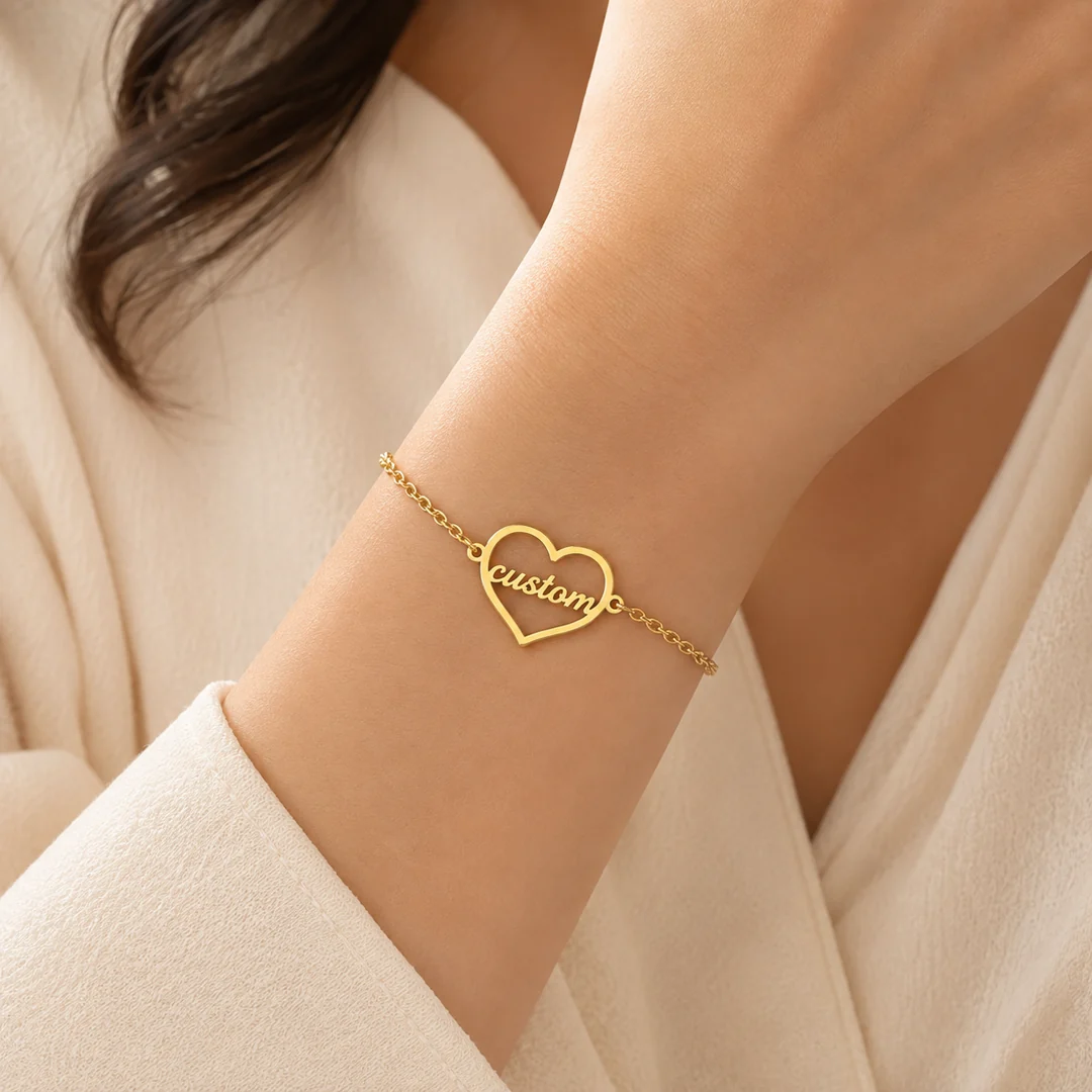 Heart Shape Name Bracelet on female wrist – personalized jewellery