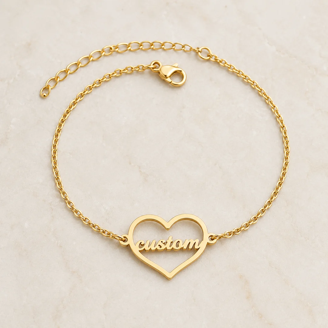 Heart Shape Name Bracelet flat lay product view – personalized jewellery
