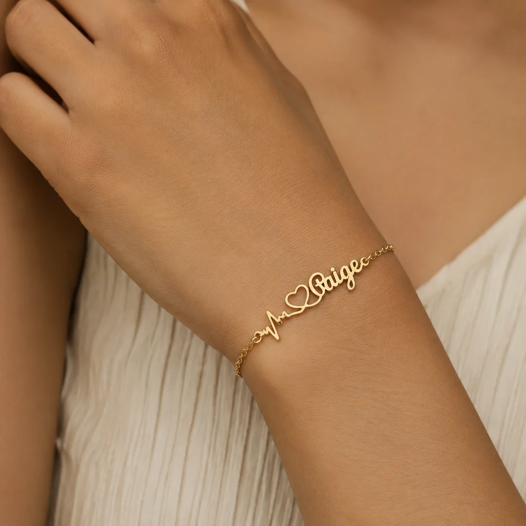 Heartbeat Name Bracelet – Female Wrist Heartbeat Name Bracelet on female wrist – personalized jewellery
