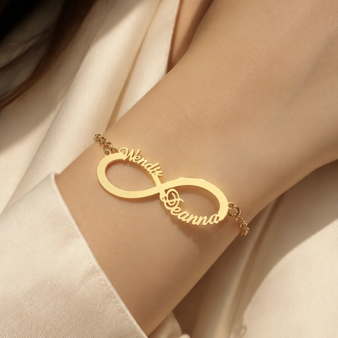 Infinity Couple Name Bracelet on female wrist – personalized jewellery