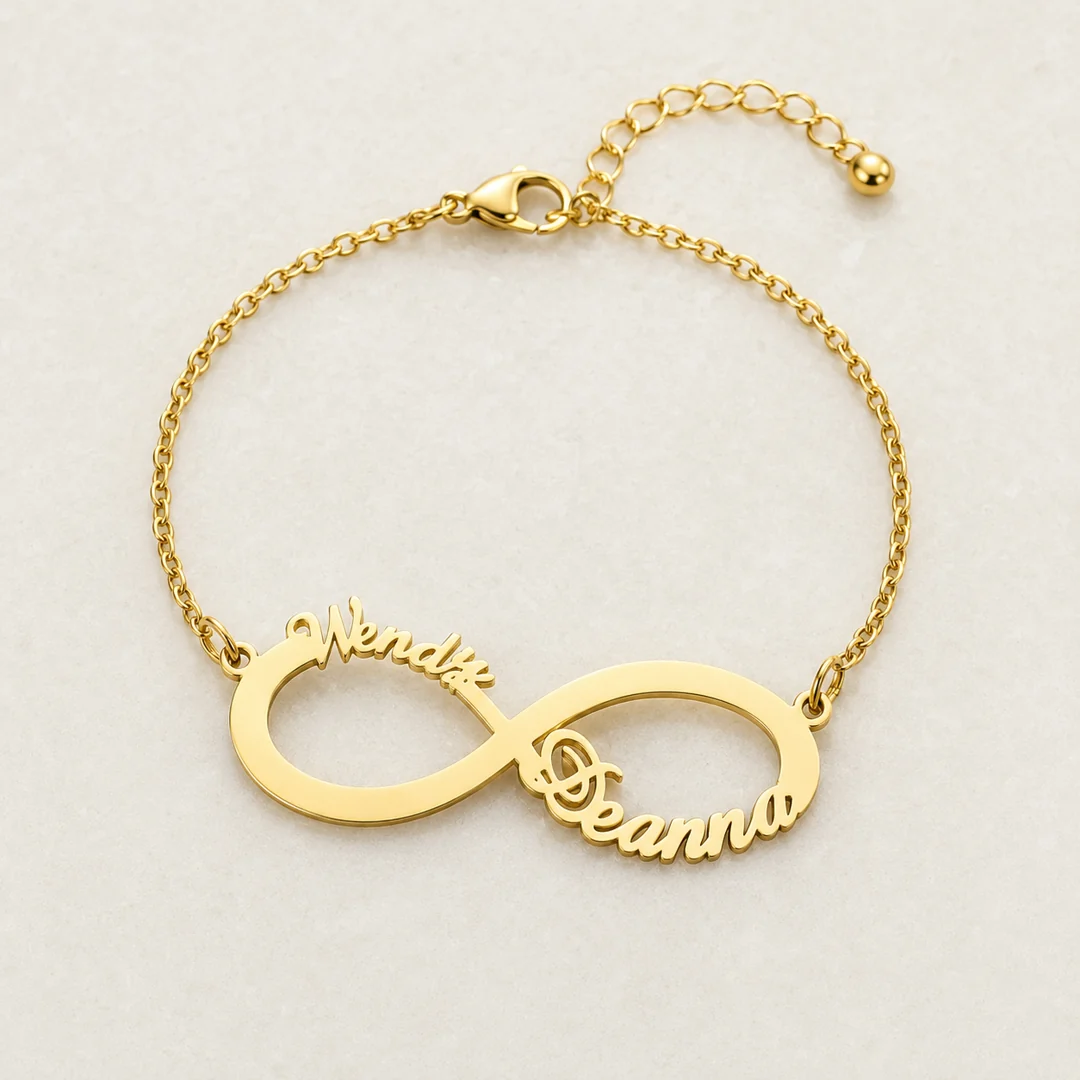 Infinity Couple Name Bracelet flat lay product view – personalized jewellery