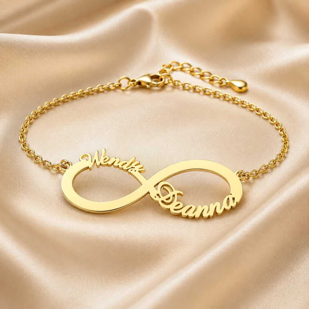Infinity Couple Name Bracelet on luxury satin – personalized jewellery