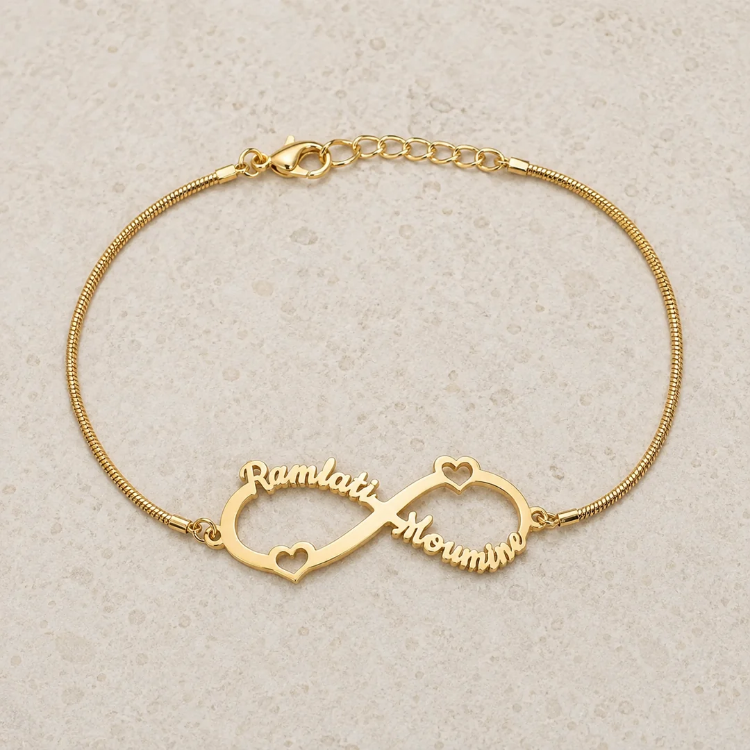 Infinity Heart Couple Name Bracelet flat lay product view – personalized jewellery