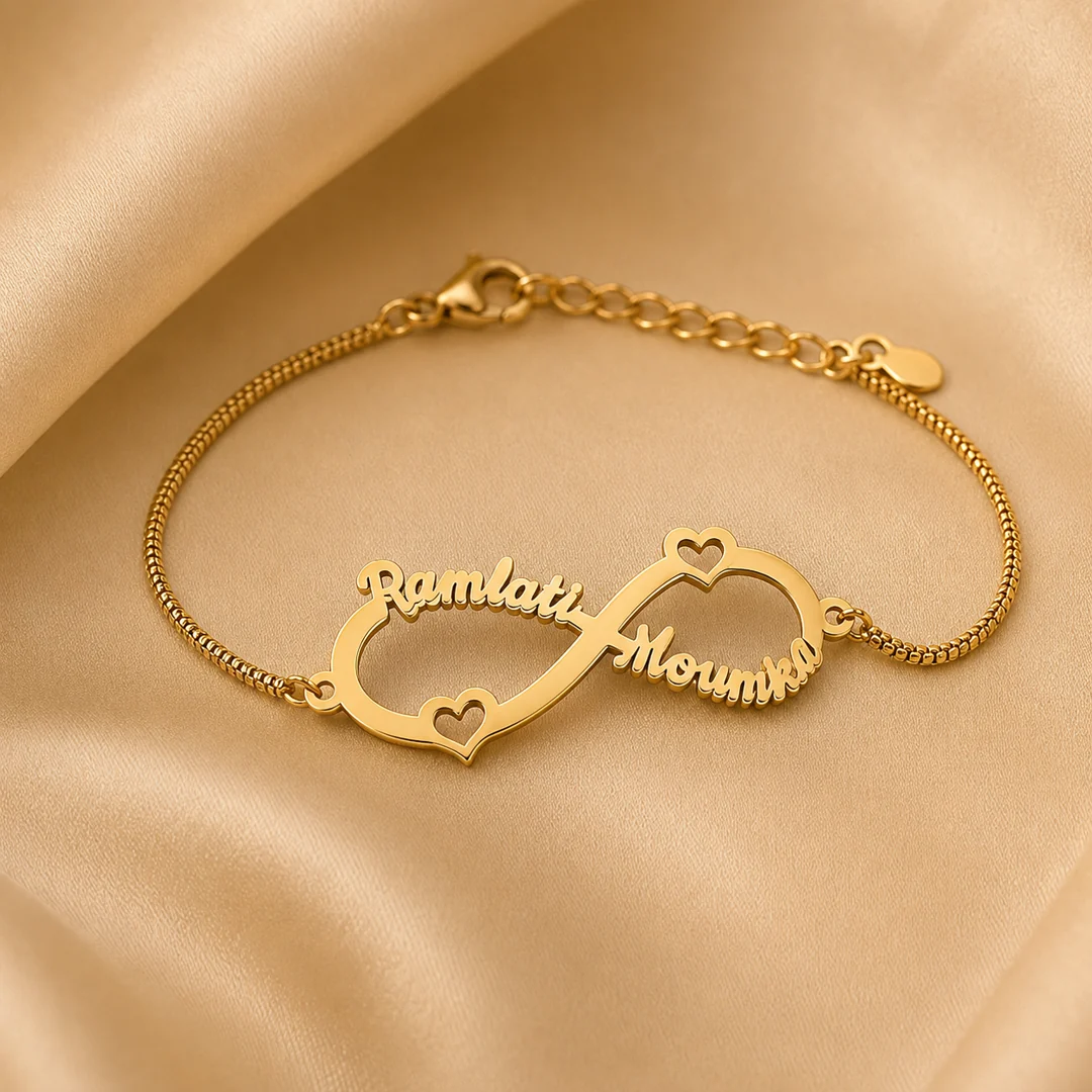 Infinity Heart Couple Name Bracelet on luxury satin – personalized jewellery